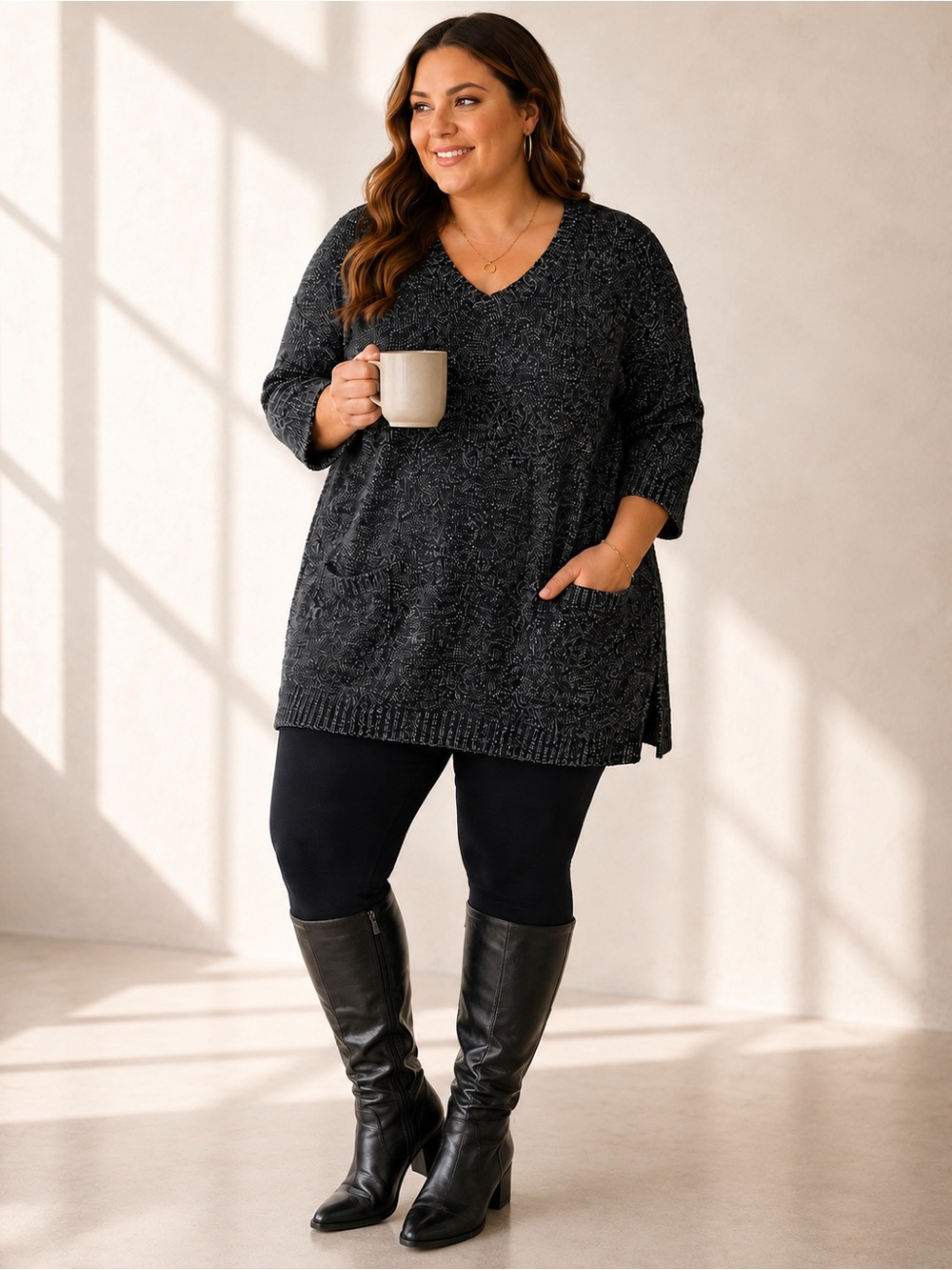 Karen Scott 1X Heathered Charcoal Gray Marled Tunic Sweater Plus Size Pockets